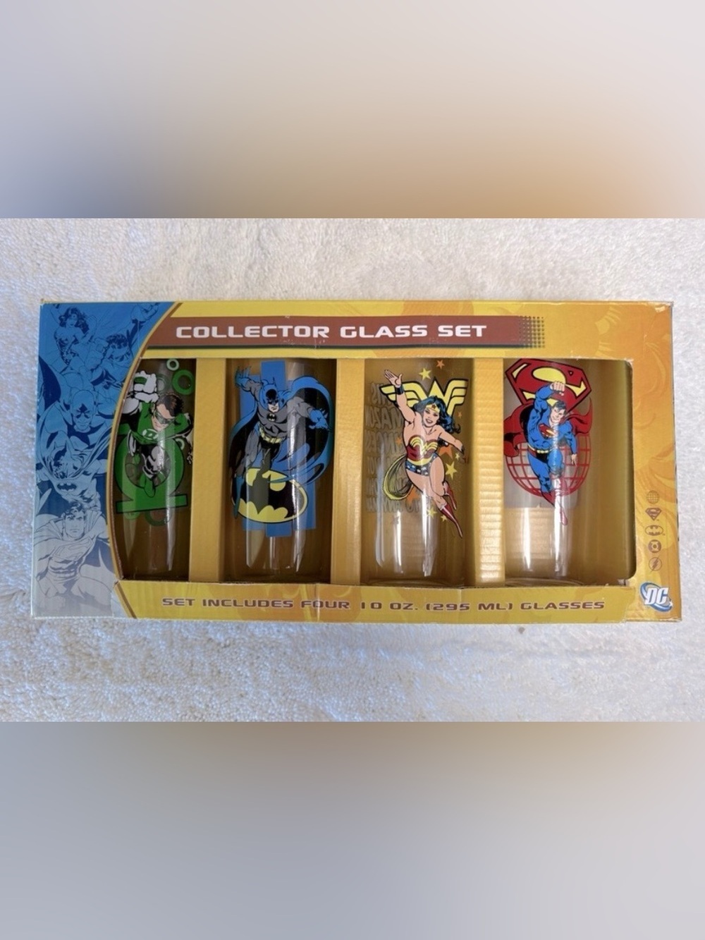 DC Comics NIB Collector Set Featuring A 4-Pack of 10oz. Tumblers-Hand Wash Only